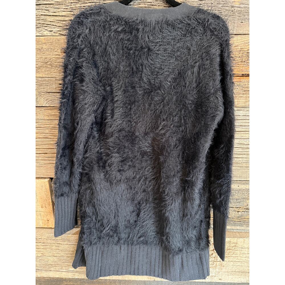 VENUS NWT Women's Black Fuzzy Eyelash Knit Open Front Long Cardigan Sweater S - Picture 2 of 8